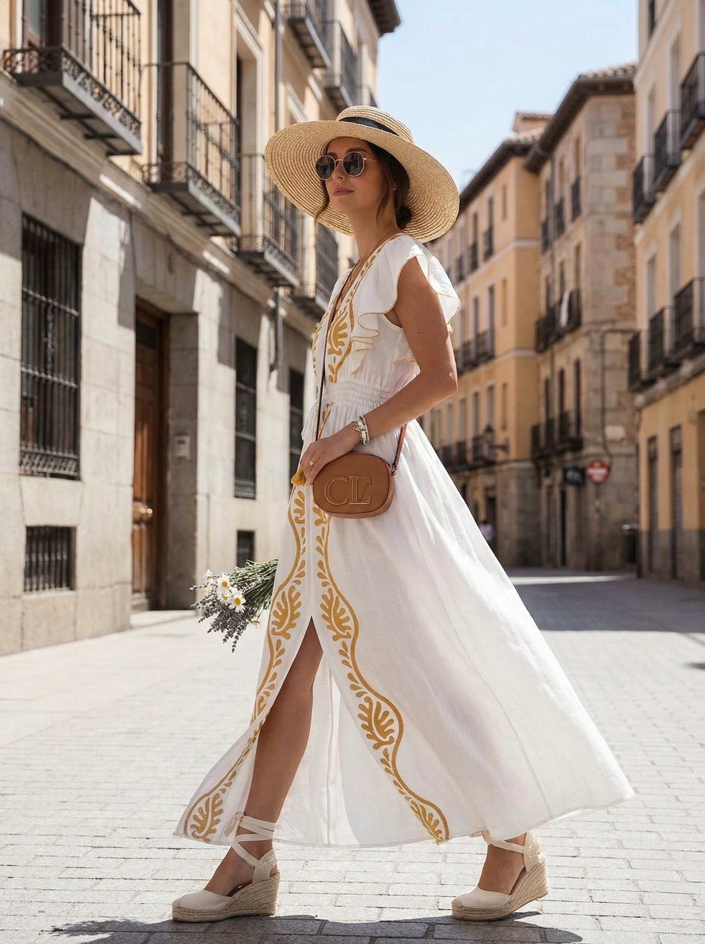 Robe longue imprimée et brodée