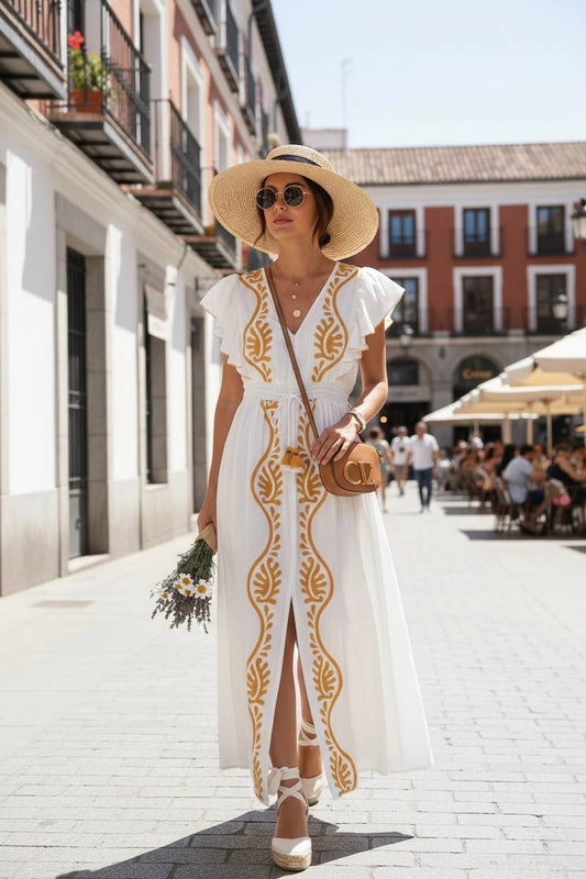 Robe longue imprimée et brodée
